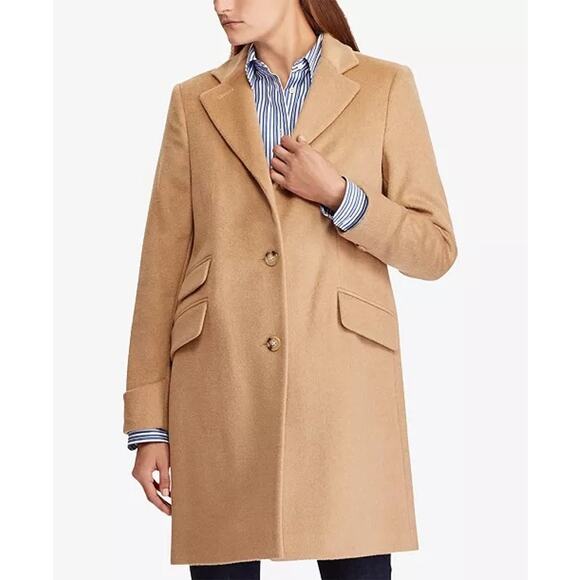 Lauren Ralph Lauren Camel Tan Wool Blend Reefer Menswear Style Overcoat Size 6 - Picture 1 of 7